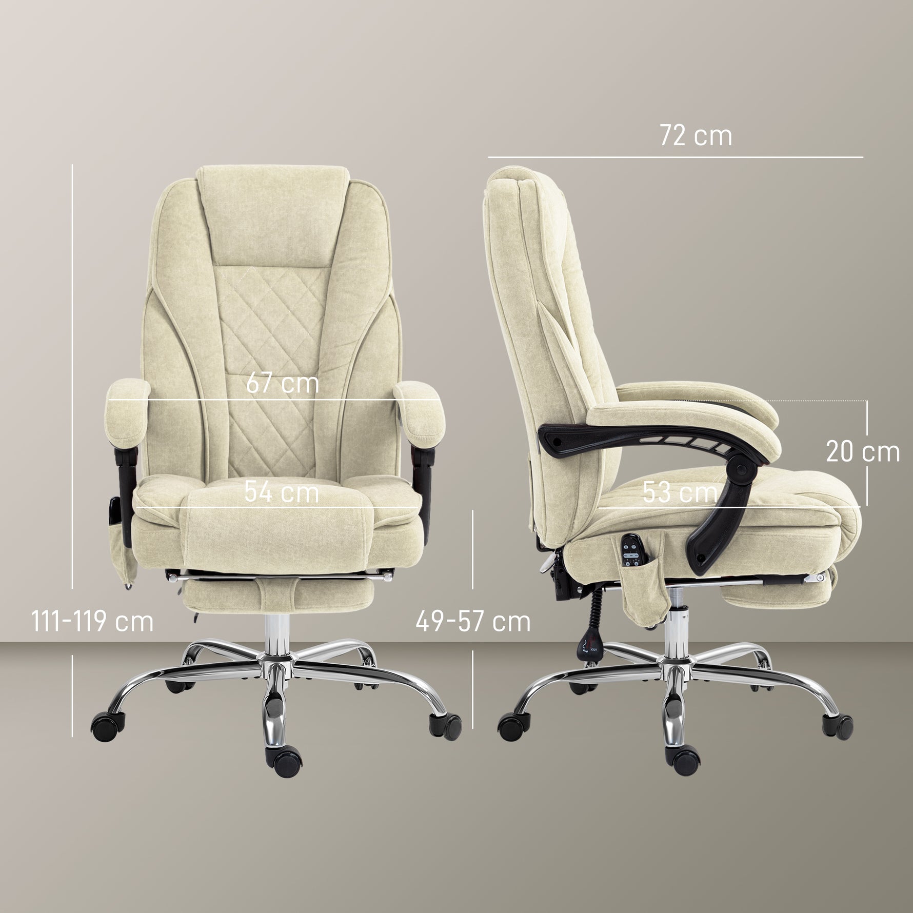Fauteuil de bureau massant et chauffant hauteur réglable dossier inclinable télécommande repose-pieds rétractable beige