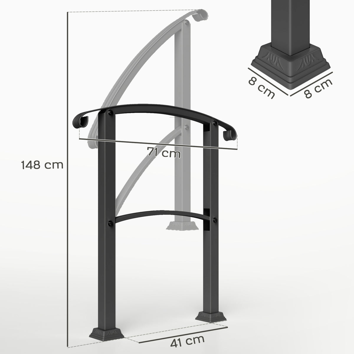 Rampe d'escalier 1 à 3 marches garde-corps pour escalier réglable 0-45° avec kit d'installation 71 x 8 x 148 cm noir