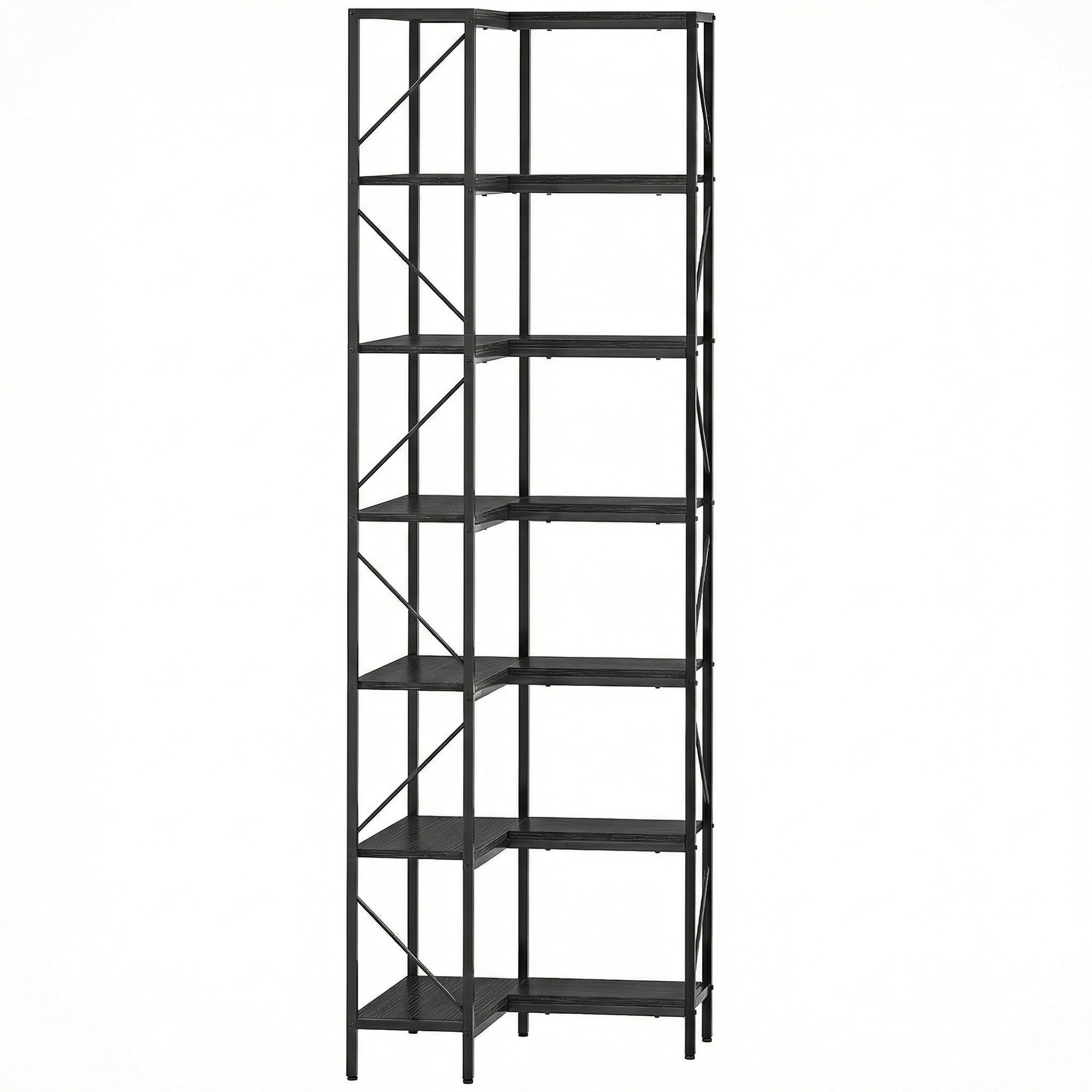 Industrielles Eckregal mit 7 Ebenen und Ablagefächern, 60 x 60 x 198 cm, Schwarz