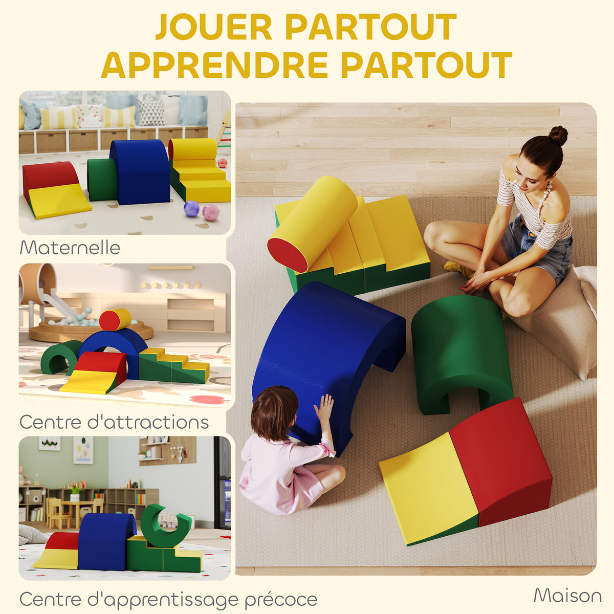 Motoriekparcours voor kinderen modulaire klimspeelset 5 gigantische schuimrubberen blokken 181 x 39 x 44 cm meerkleurig