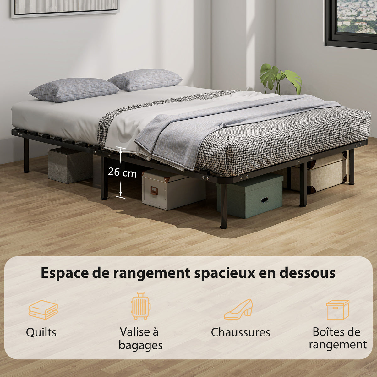 Bedframe 140 x 190 cm, tweepersoonsbed van massief hout met lattenbodem en voeteneinde, opbergruimte eronder, zwart
