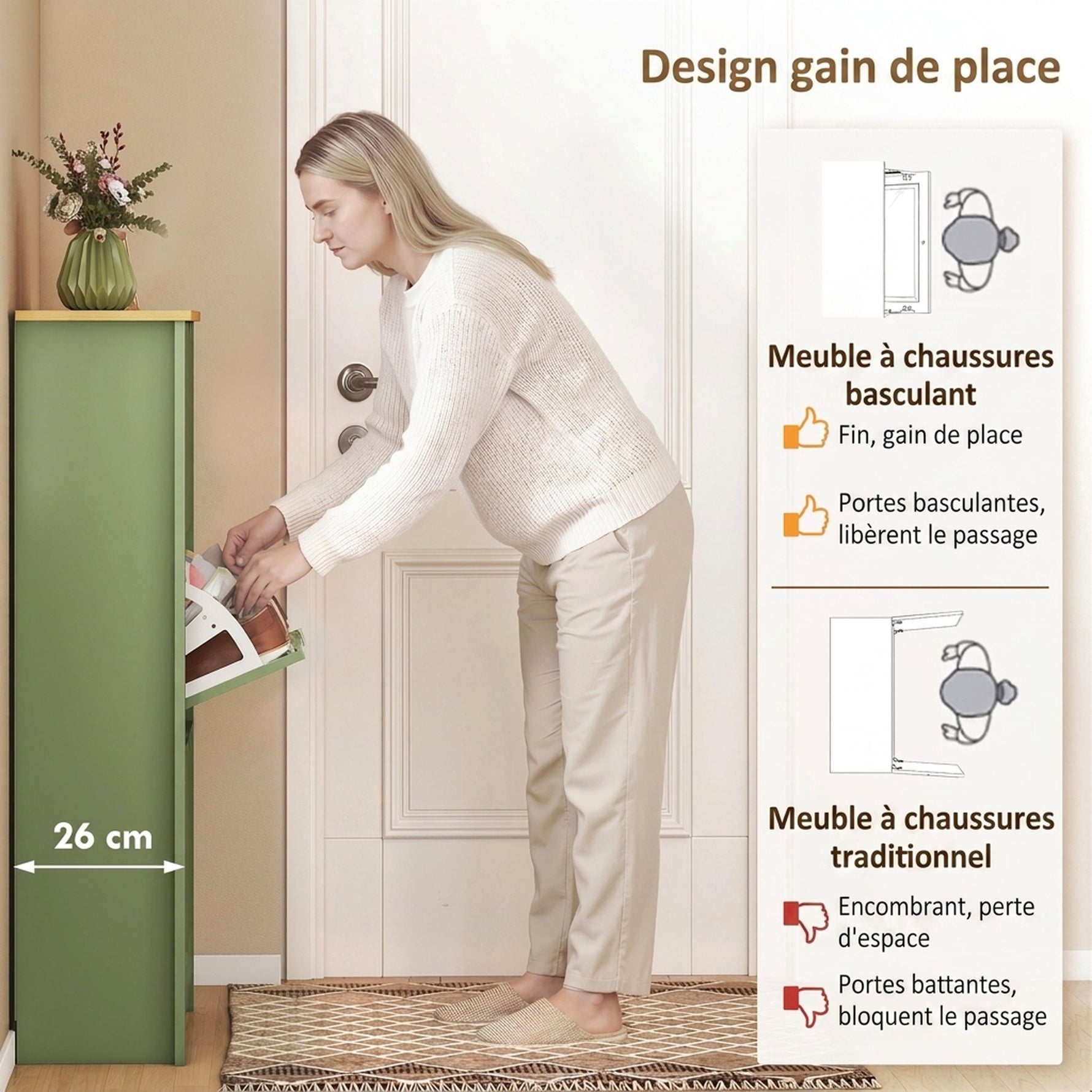Meuble à Chaussures 18 Paires, Armoire à Chaussures à Haute Brillance, 3 Tiroirs Rabattables, Étagères Réglables, Vert