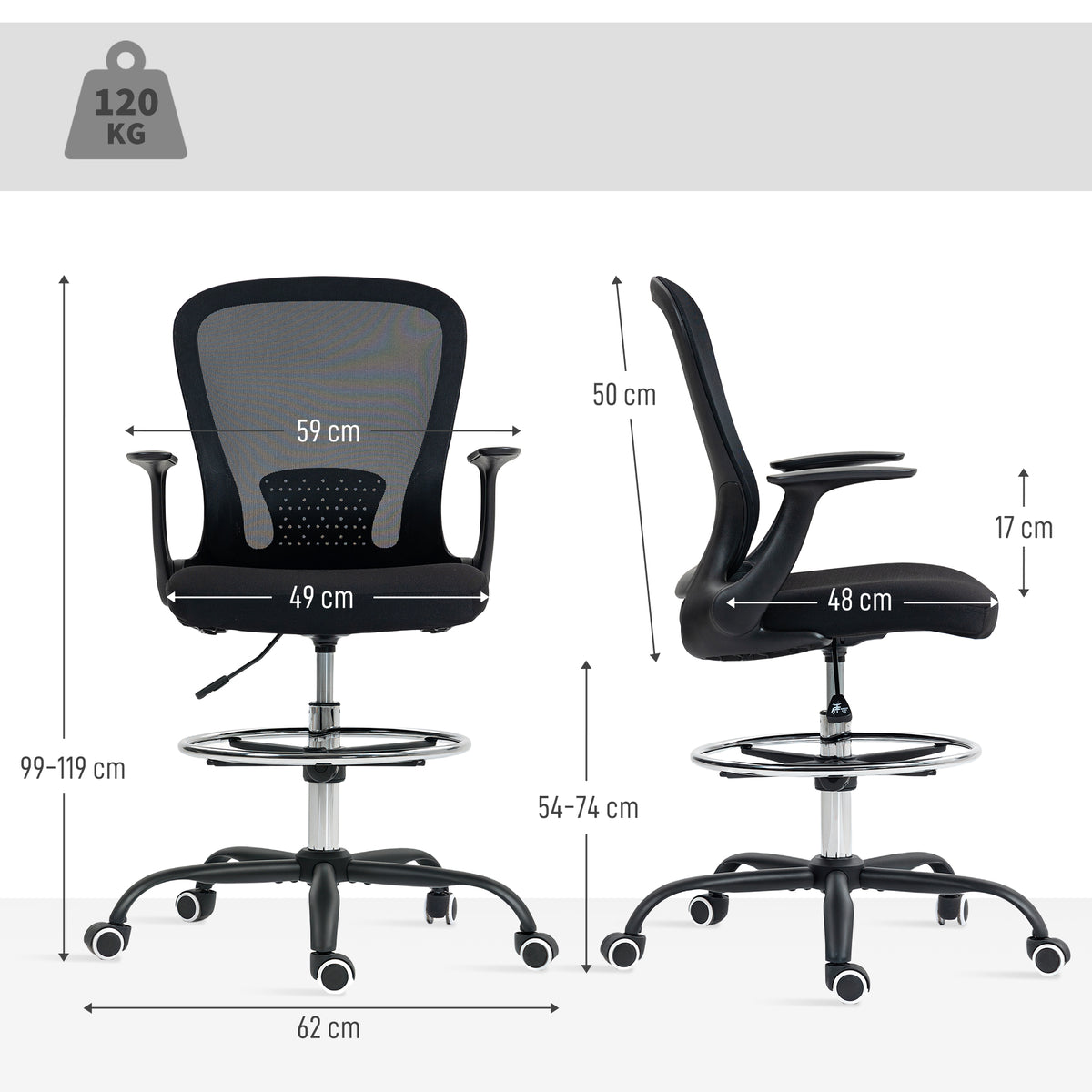 Sedia da ufficio ergonomica con poggiapiedi regolabile e braccioli sollevabili, altezza regolabile, 59x62x99-119cm, nero