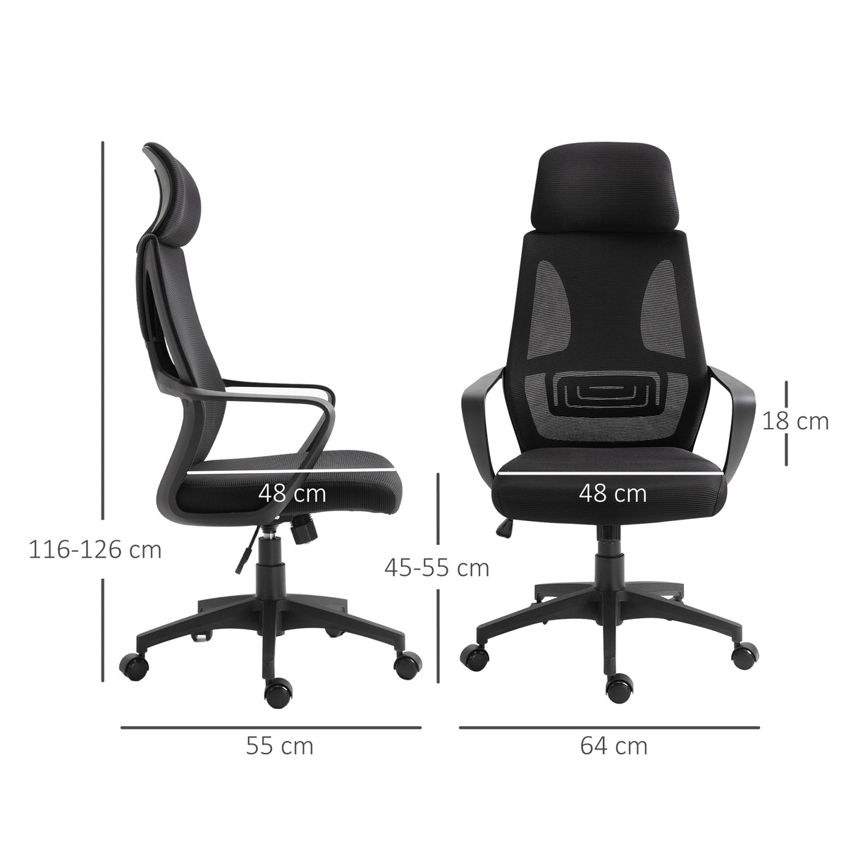 Chaise bureau ergonomique, fauteuil de bureau en maille, appui-tête, hauteur réglable, 64 x 55 x 116-126 cm, noir
