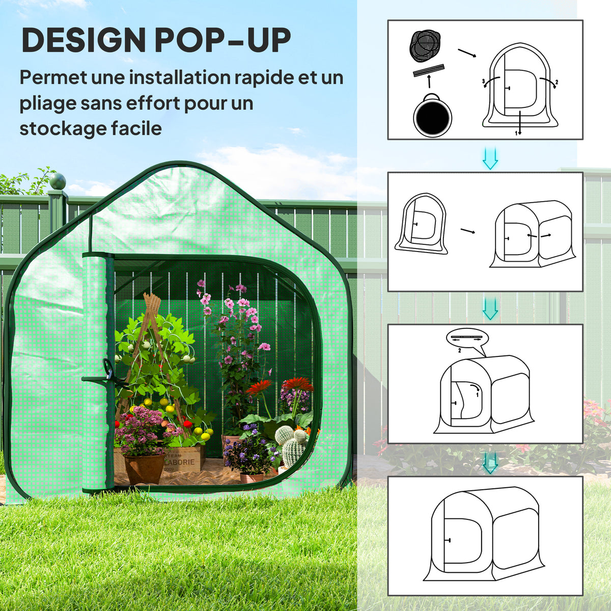 Mini serre pop-up petite serre légumes plante fleurs avec porte à fermeture éclair en PE 150 x 148 x 148 cm vert