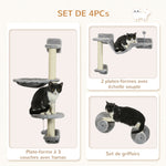 Arbre à chat parcours mural complet 4 pièces hamac, pompon, plateformes de saut, poteau en sisal et échelle peluche gris