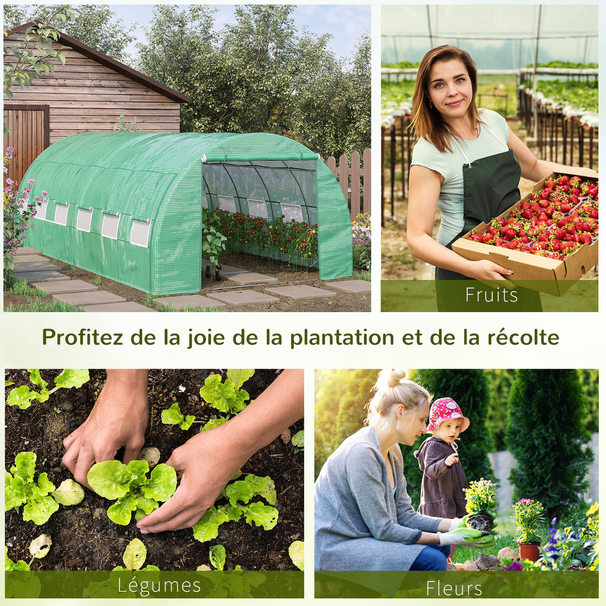 Serre de jardin serre tunnel 18 m² avec porte, parois latérales enroulables 12 fenêtres acier PE  4 x 3 x 2 m vert