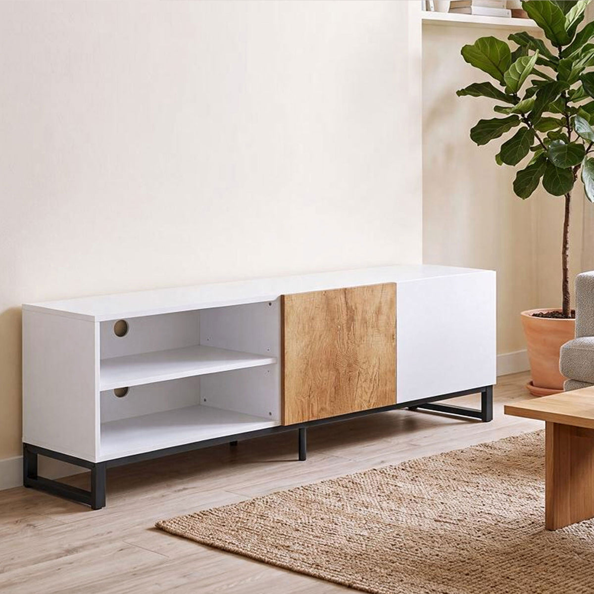 Meuble TV 140 cm, Meuble Télé pour Téléviseur jusqu'à 55 Pouces, 2 Portes à Fermeture Douce et Étagères Réglables, Blanc