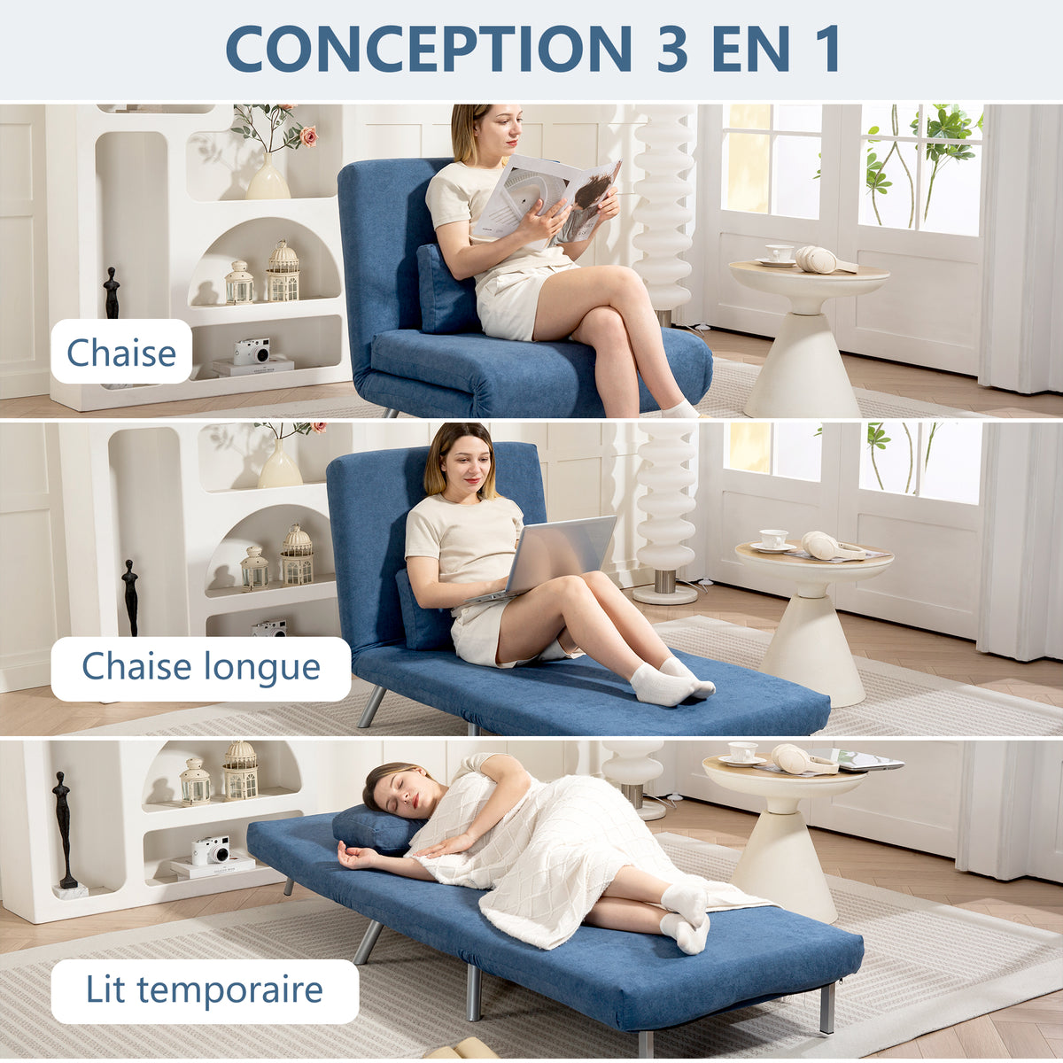 Fauteuil convertible 1 place, fauteuil-lit clic-clac 3 en 1 avec dossier réglable, oreiller, assise large, bleu