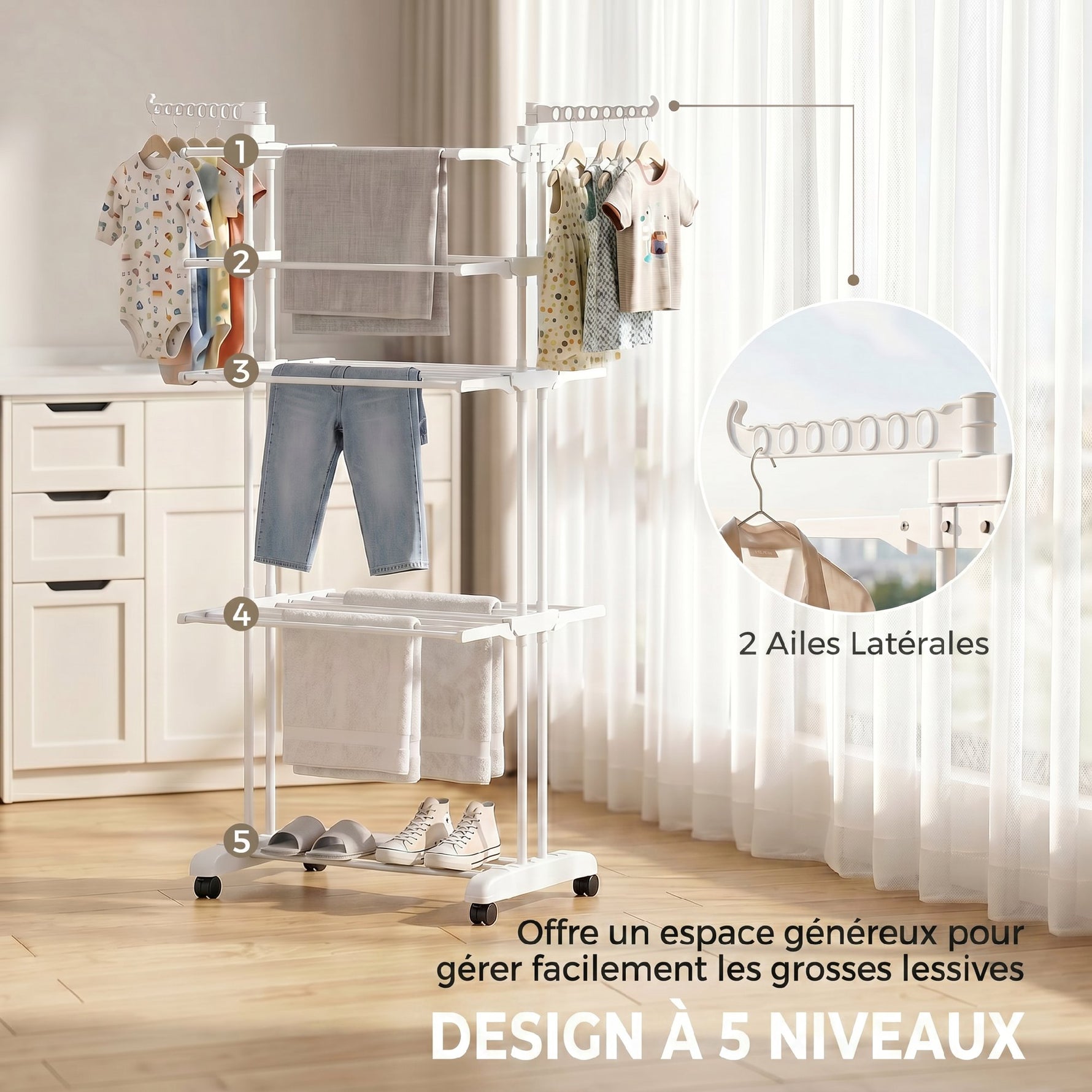 Séchoir à linge pliable 4 niveaux avec roulettes, étendoir linge intérieur avec ailes latérales, cadre en acier, blanc