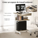 Bureau d'ordinateur sur roues, bureau avec rangement 56 x 51 cm avec tiroir, compartiment et support CPU, chêne
