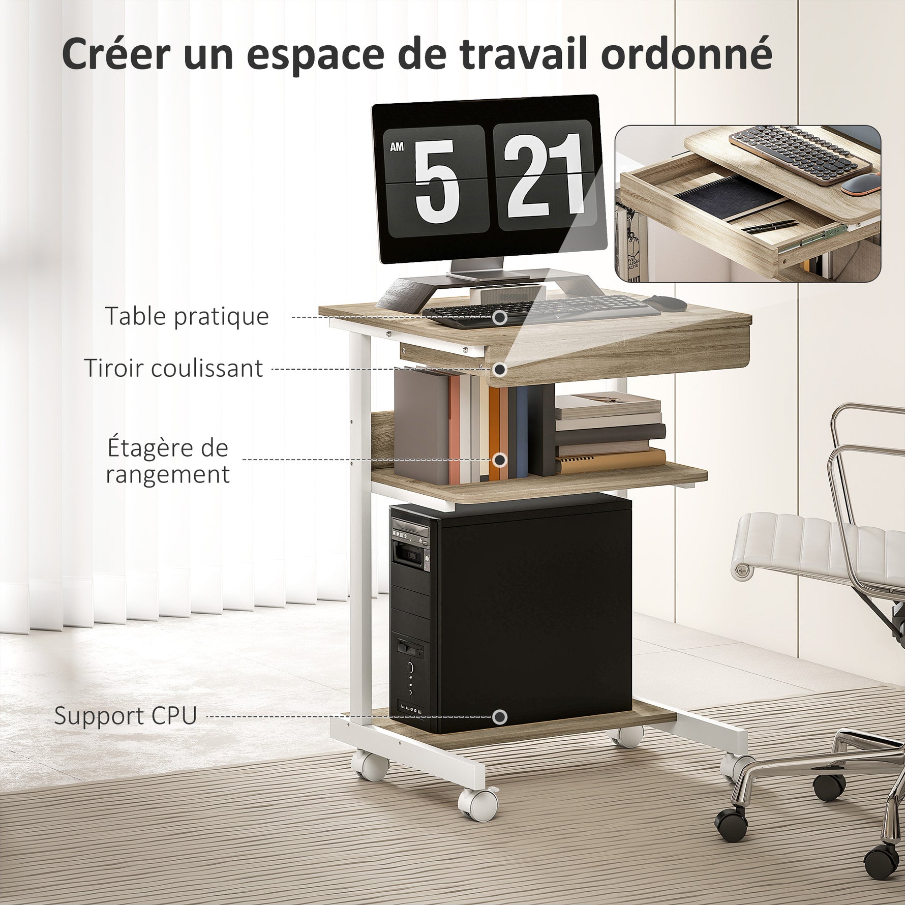 Bureau d'ordinateur sur roues, bureau avec rangement 56 x 51 cm avec tiroir, compartiment et support CPU, chêne