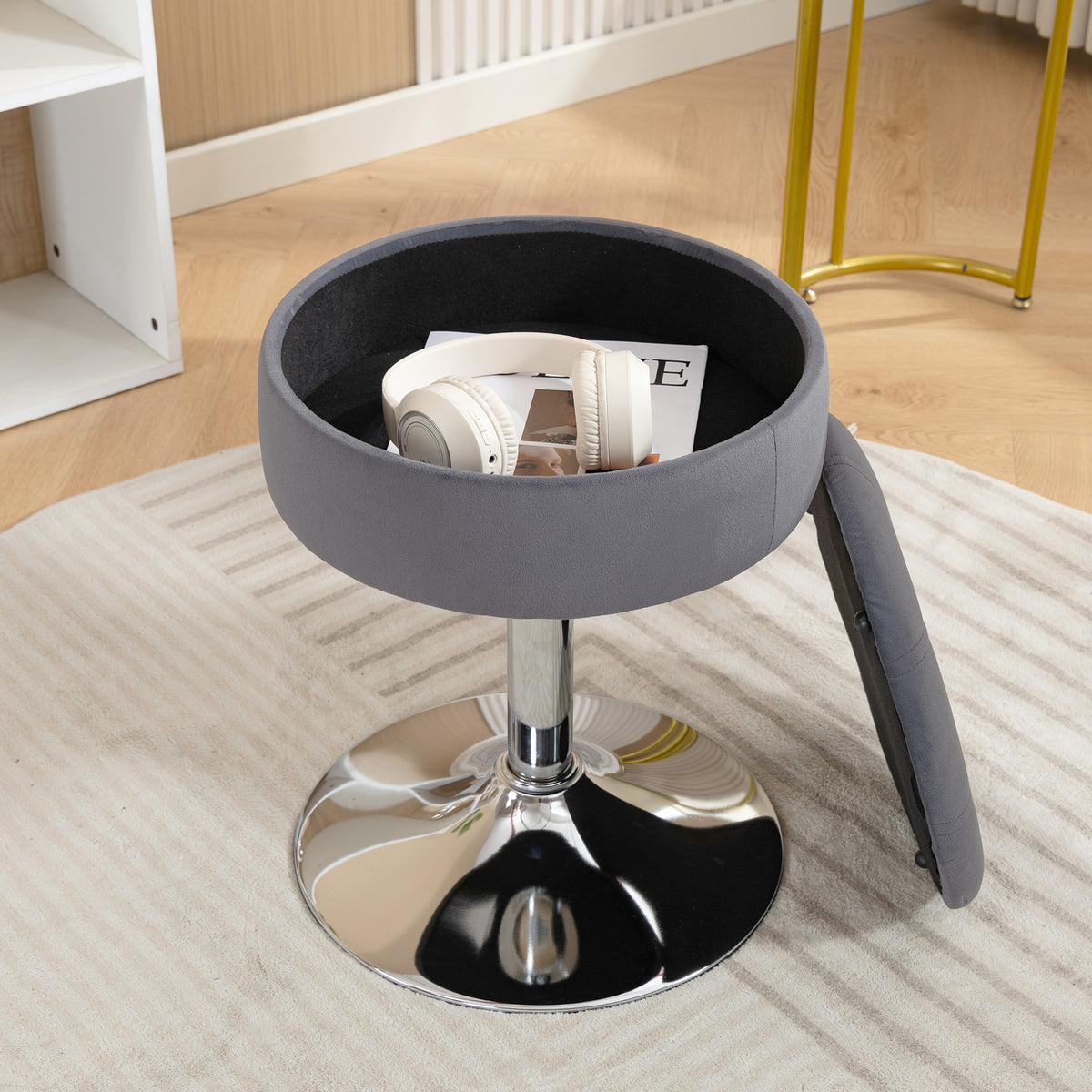 Sgabello da toeletta in velluto, sgabello da trucco girevole con vano portaoggetti, altezza regolabile da 49-65 cm, grigio