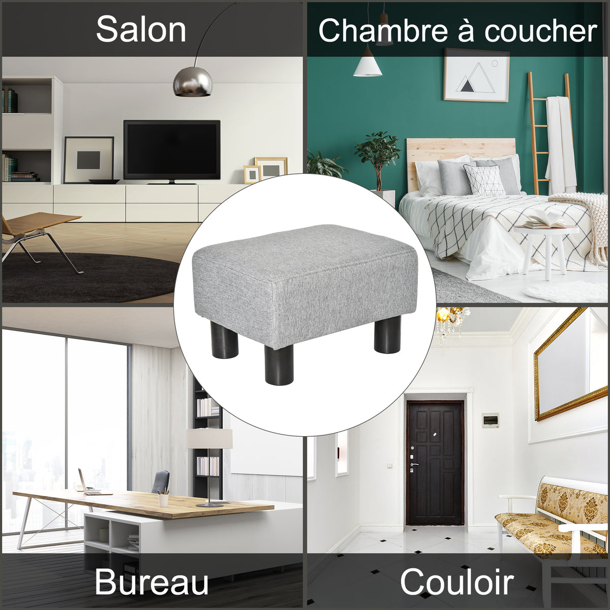Lot de 2 poufs repose-pied tabouret bas en tissu de lin capacité de charge 150 Kg 40 x 30 x 24 cm gris