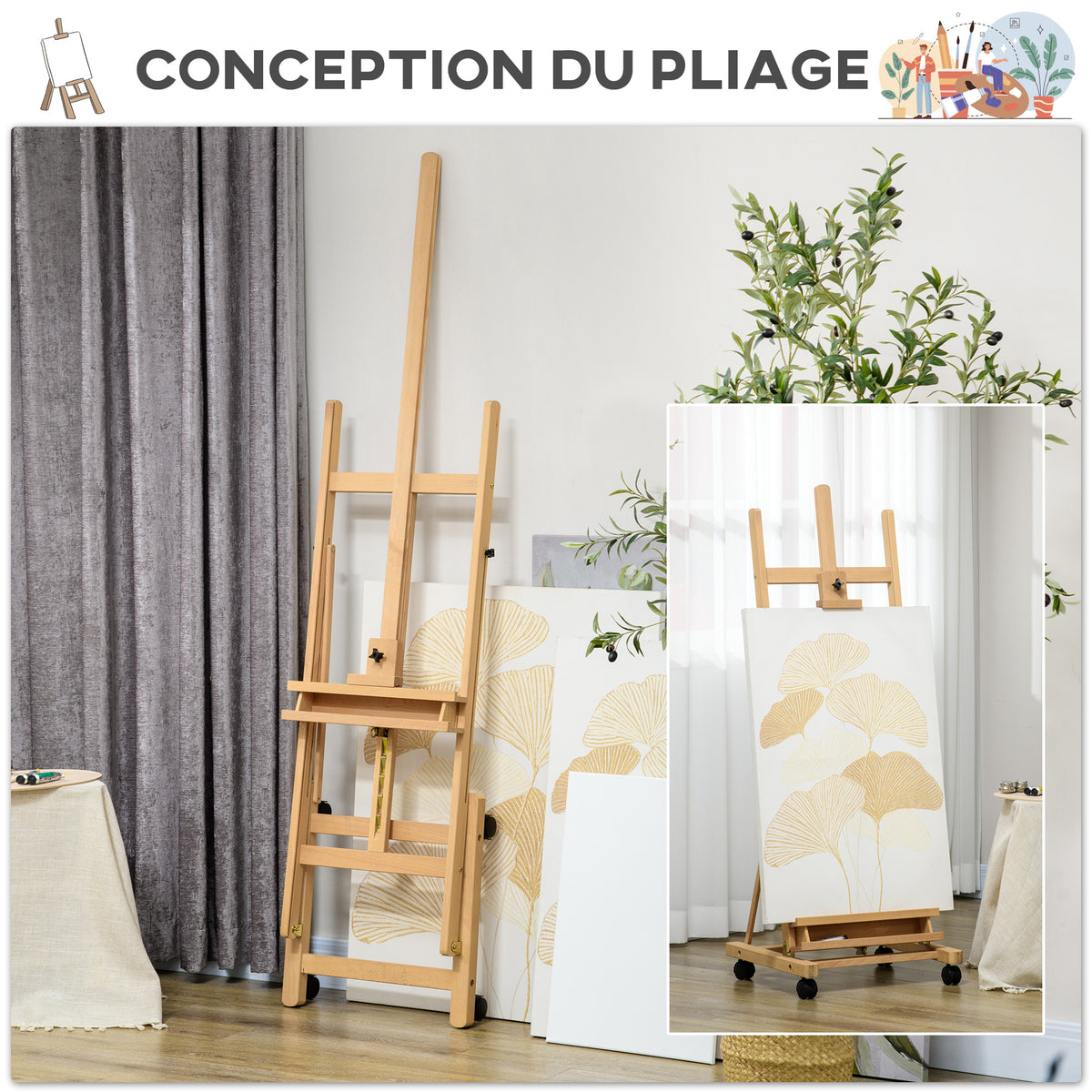 Chevalet d'artiste sur roulettes pliable en bois de hêtre pour toiles à peindre jusqu'à 118 cm bois naturel