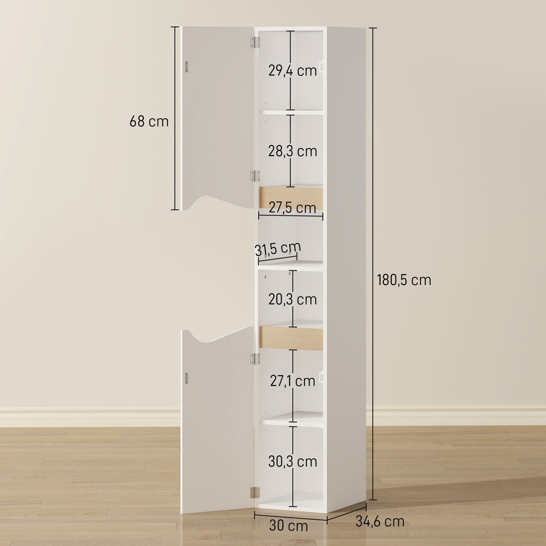 Meuble colonne salle de bain étroit, 2 portes, compartiments ouverts, étagères réglables, 30 x 34,6 x 180,5 cm, blanc