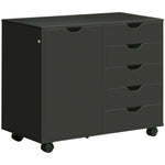 Caisson de bureau avec 5 tiroirs 1 porte étagère réglable, support imprimante sur roulettes, 78x40x66,5 cm, noir
