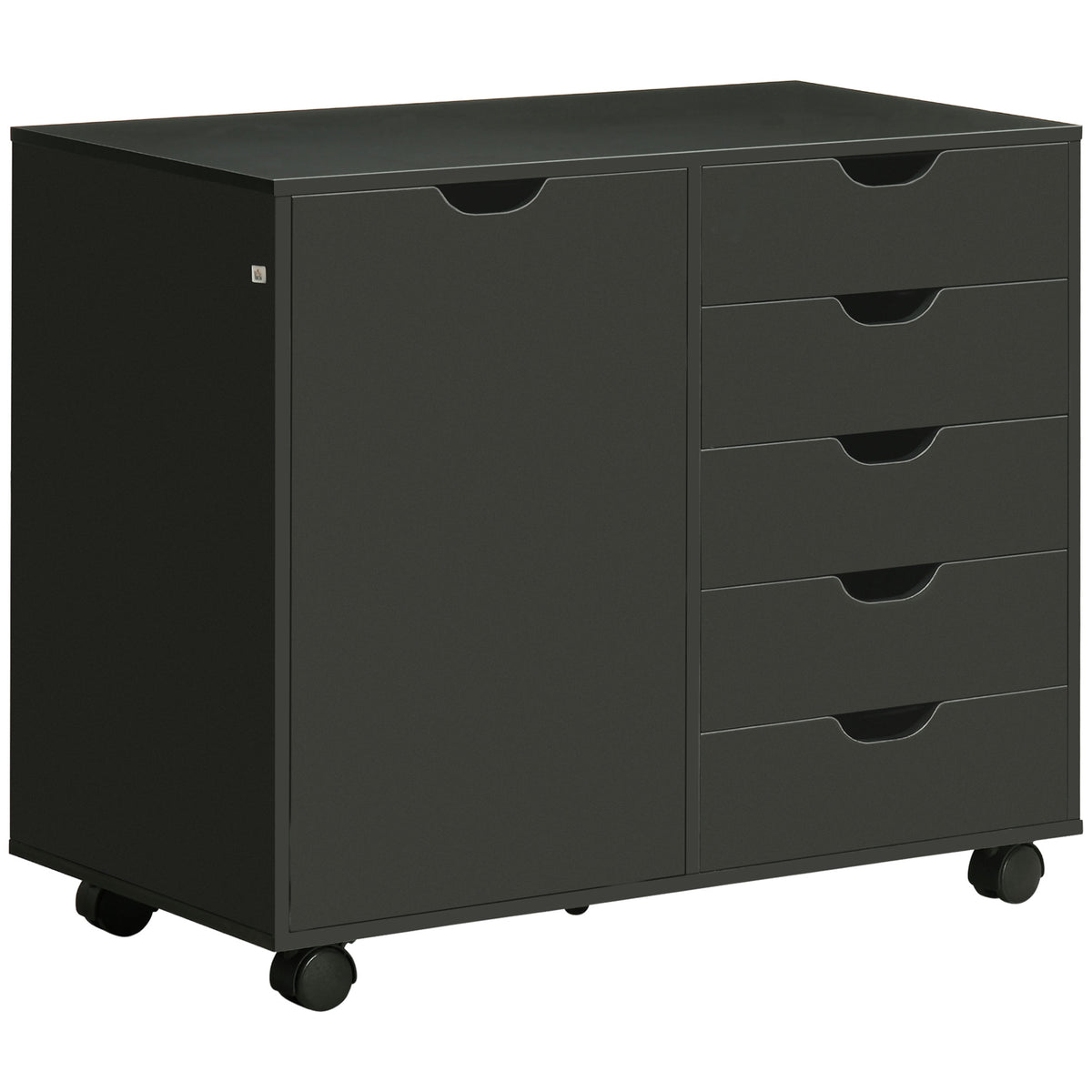Caisson de bureau avec 5 tiroirs 1 porte étagère réglable, support imprimante sur roulettes, 78x40x66,5 cm, noir