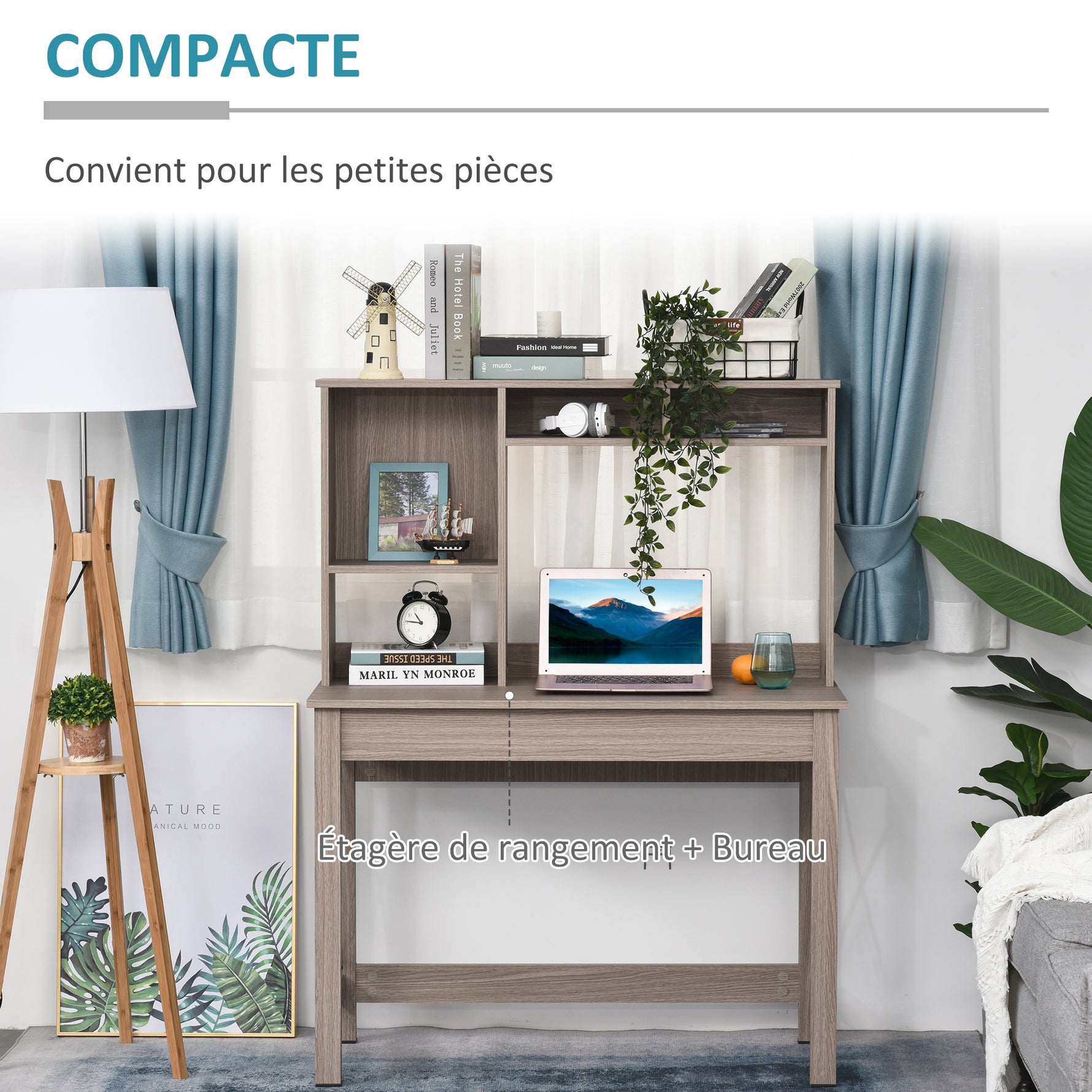 Bureau avec rangement bibliothèque en bois moderne avec étagères et grand plateau pour petits espaces maison