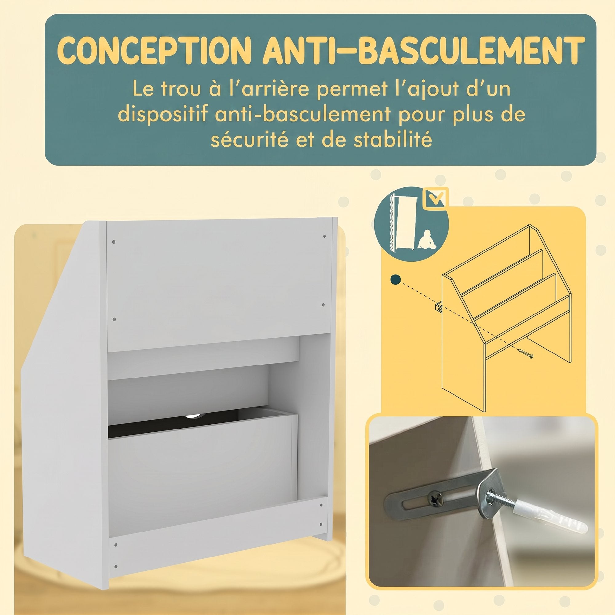 Bibliothèque pour enfants Multi-Rangement avec 3 niveaux d'étagères et un tiroir, 62,5L x 30l x 70H cm, gris et blanc