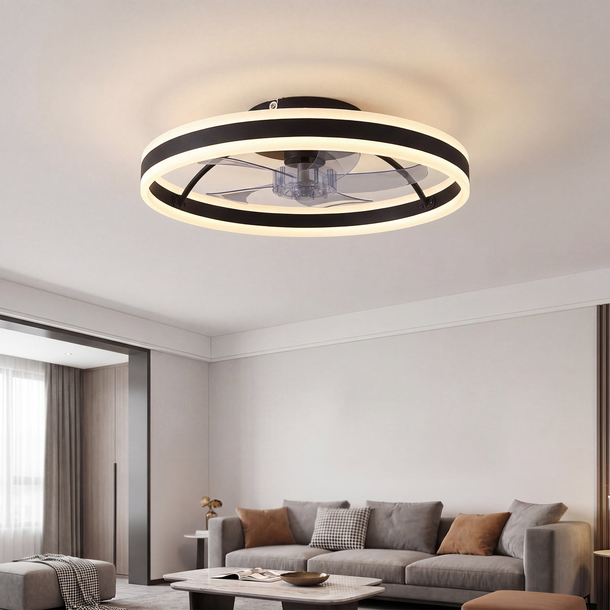 Ceiling fan with light and remote control, 50 cm ceiling fan light with 6 speeds, black