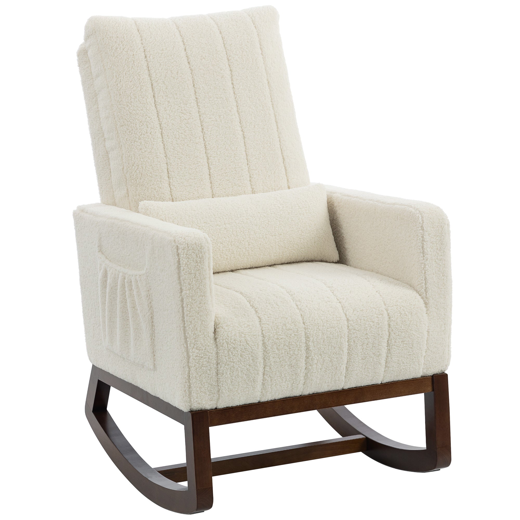 Fauteuil à bascule, rocking chair en flanelle neige rembourré, coussin lombaire, dossier haut, poches latérales, crème