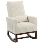 Fauteuil à bascule, rocking chair en flanelle neige rembourré, coussin lombaire, dossier haut, poches latérales, crème