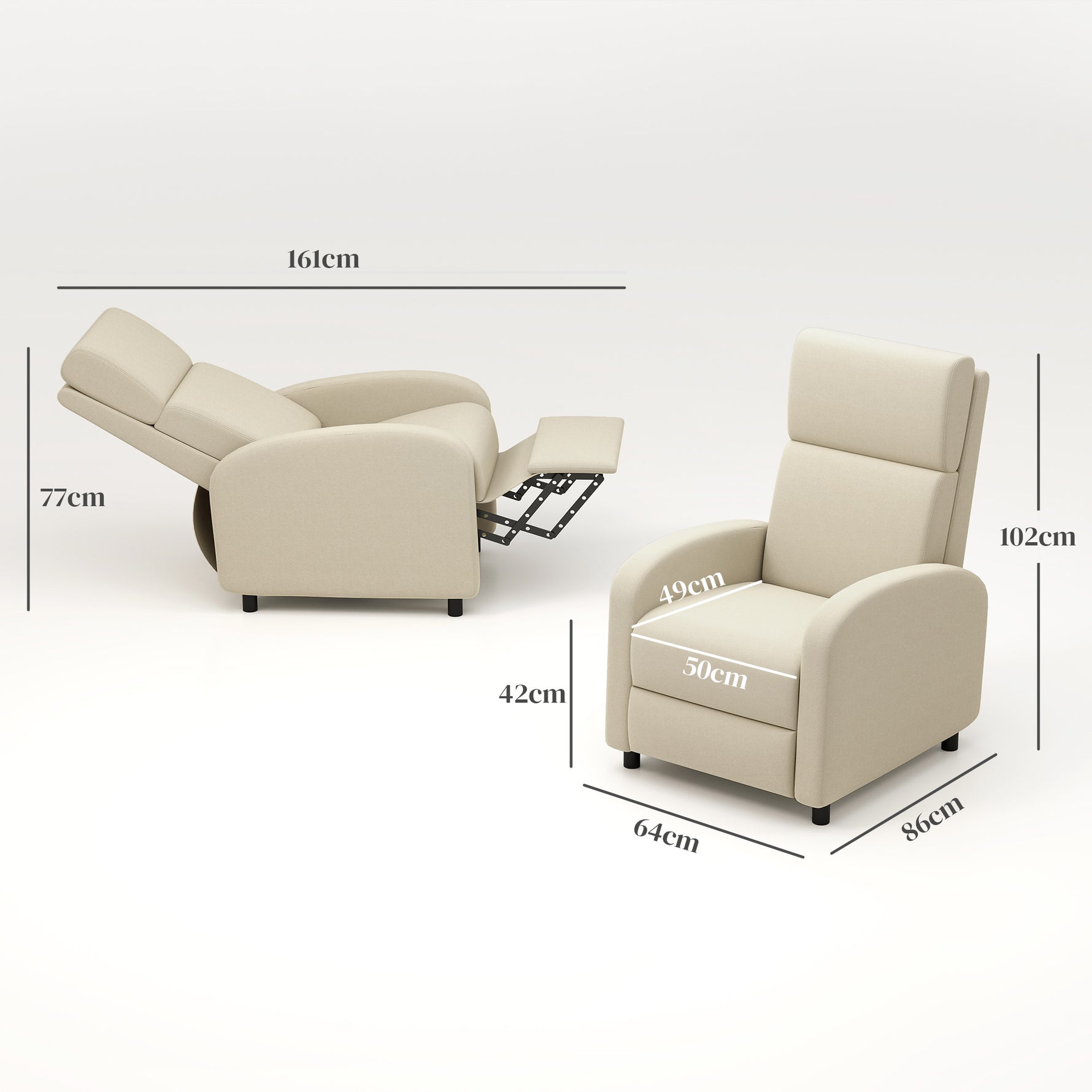 Fauteuil Relax Inclinable jusqu'à 160° Manuellement avec Repose-Pieds Intégré, Charge Max. 120kg, Grand Confort, Crème