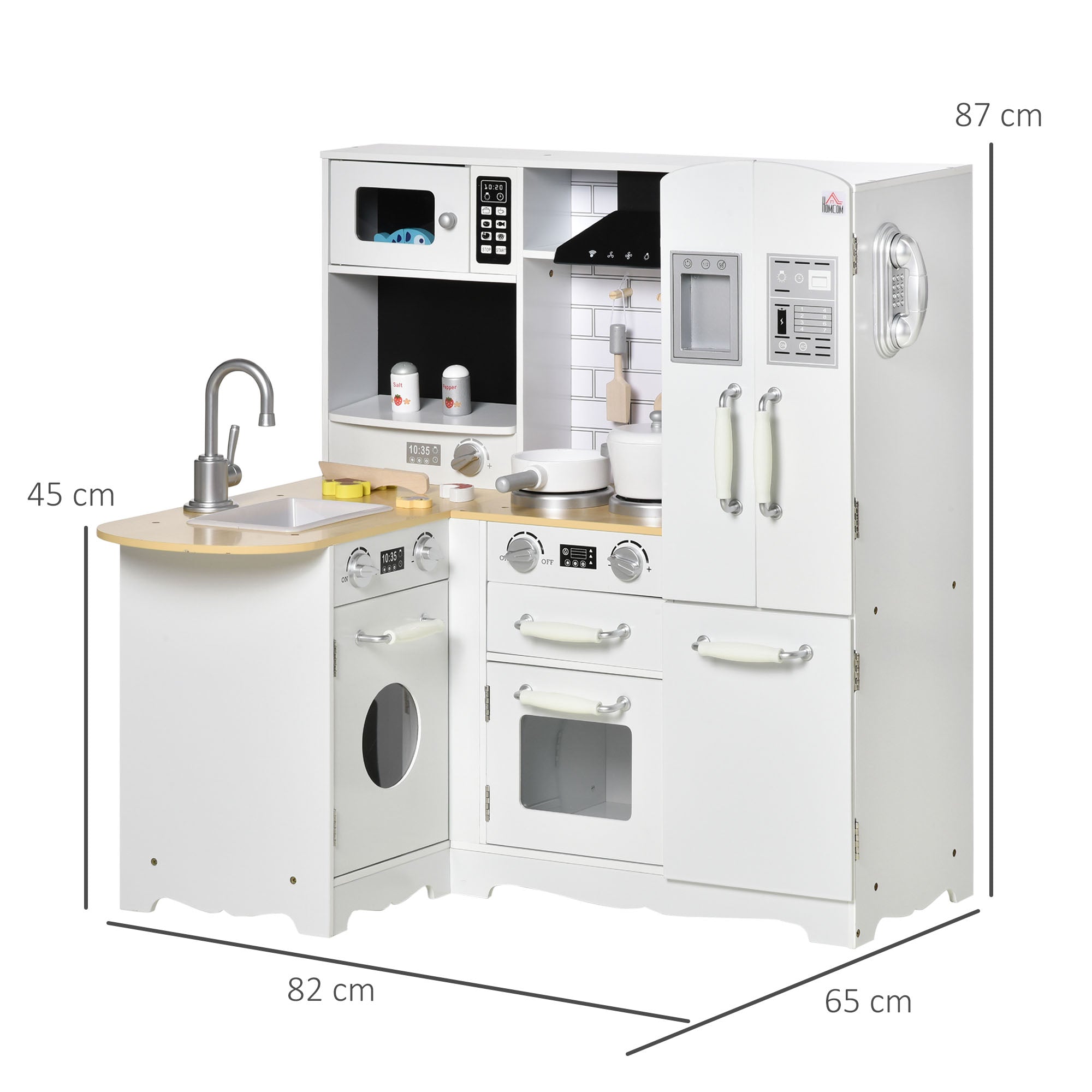 Children's Kitchen 3-6 years, Role-play toy, Many accessories, storage, sink, faucet, oven, microwave, hood, phone and refrigerator, White