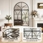 Miroir mural arqué 80 x 120 cm, lot de 3 pièces, miroir verrière en forme de fenêtre, verre trempé et métal, noir