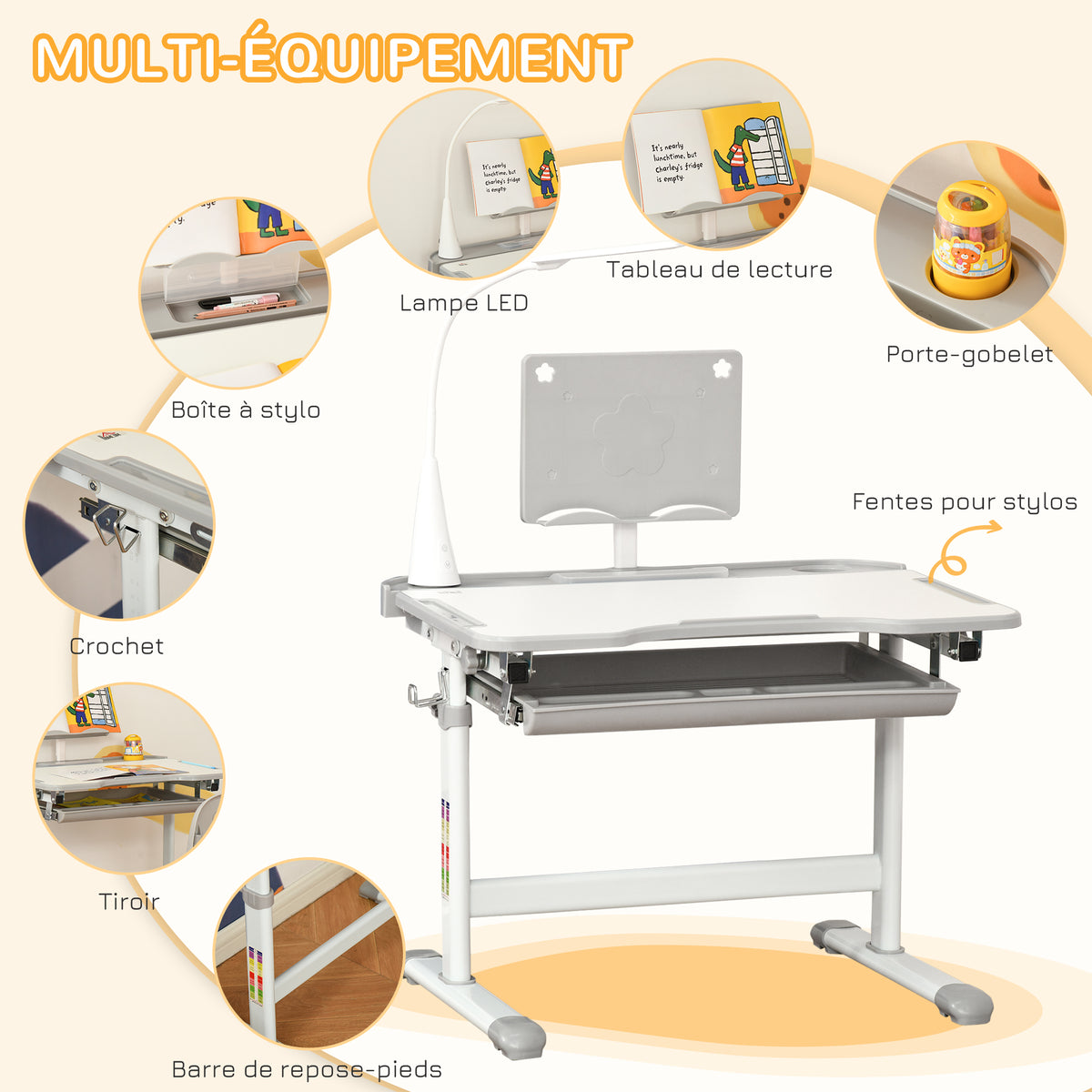 Ensemble chaise et bureau pour enfants avec lampe LED hauteur réglable plateau incliné support de lecture gris