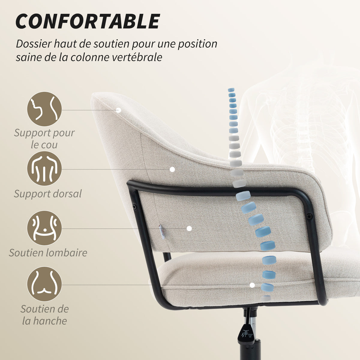 Chaise bureau ergonomique, fauteuil de bureau avec hauteur réglable, pivotant 360°, 63 x 65 x 83-92 cm, crème