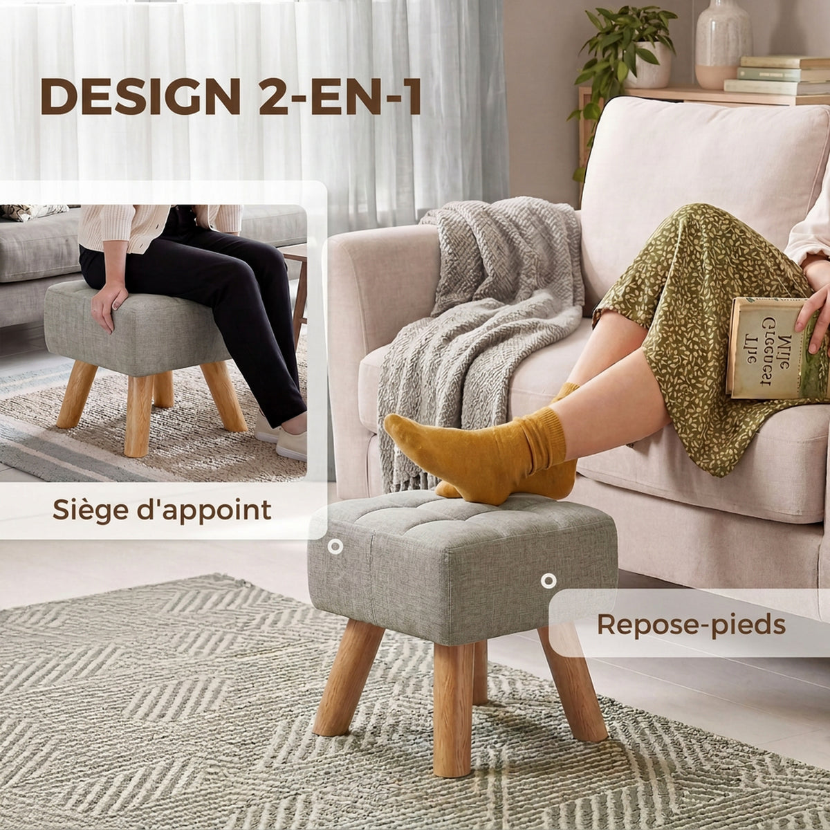 Poggiapiedi da salotto ottomana seduta imbottita in tessuto con gambe in legno 27 x 27 x 26 cm grigio chiaro