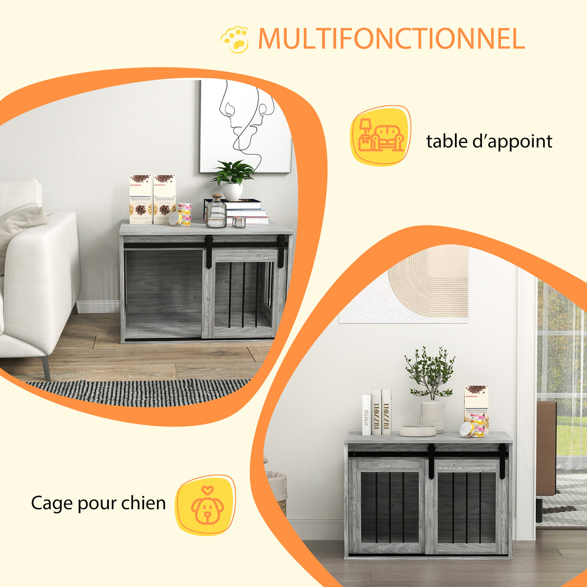 Cage caisse pour chien animaux intérieur porte coulissante, métal effet bois, dim. 57H x 80L x 54l cm