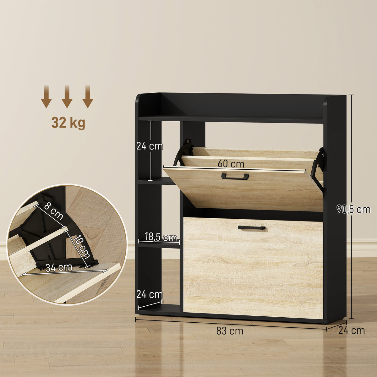 Meuble à chaussures 15 paires, armoire à chaussures moderne avec 2 tiroirs rabattables, 83x24x90,5cm, noir