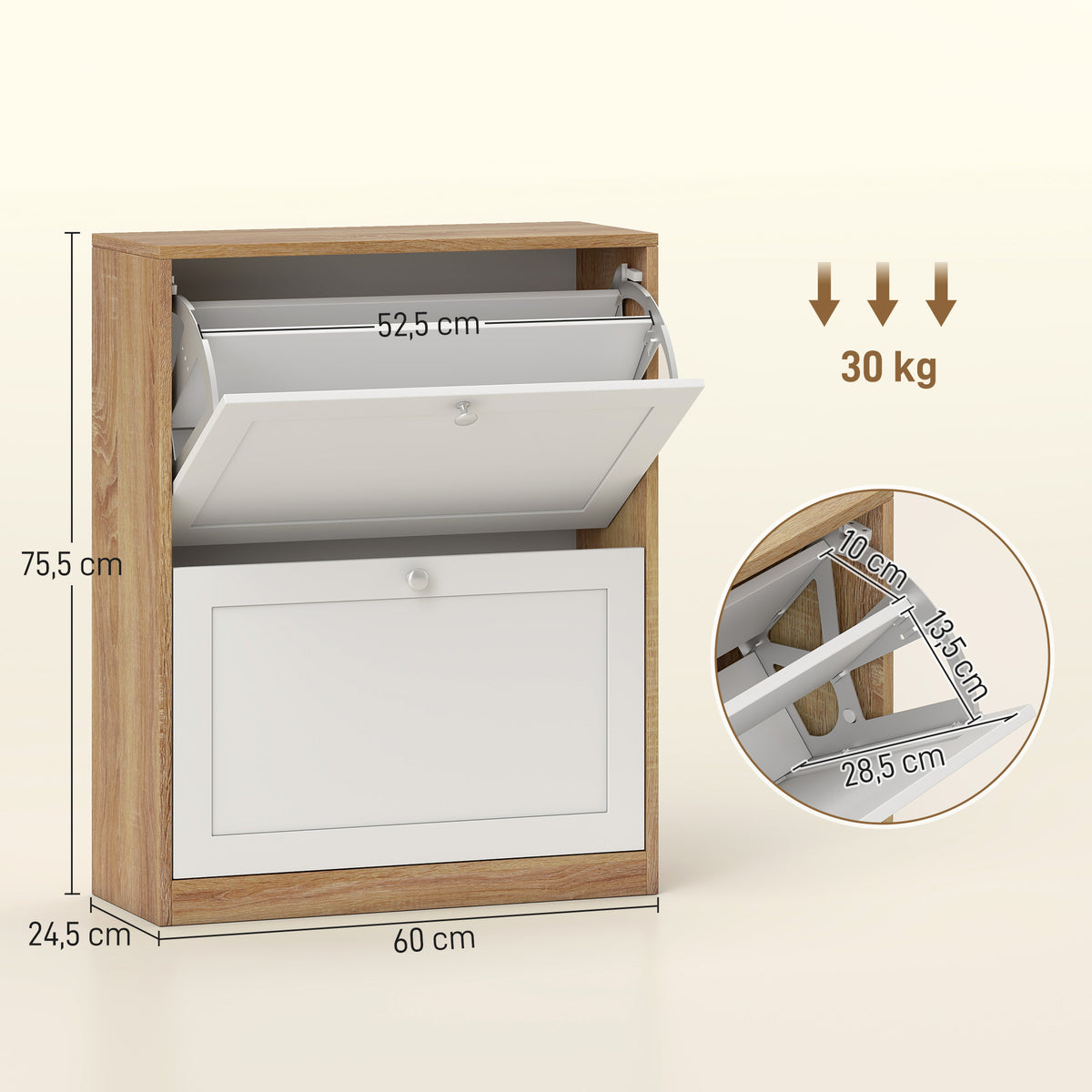 Meuble à chaussures 12 paires, armoire à chaussures, 2 tiroirs rabattables et étagères réglables, 60x24,5x75,5cm, blanc