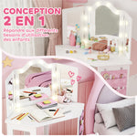 Coiffeuse enfant 2 en 1 avec tabouret miroir triptyque et lumières LED bicolores  93,6 x 48,5 x 111,5 cm blanc