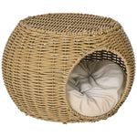 Niche panier maison pour chat 2 niveaux en résine tressée aspect rotin avec 1 coussin doux Ø 40 x 30 cm marron clair