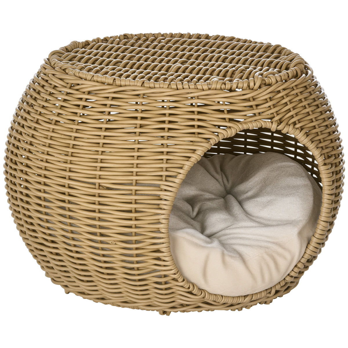 Niche panier maison pour chat 2 niveaux en résine tressée aspect rotin avec 1 coussin doux Ø 40 x 30 cm marron clair
