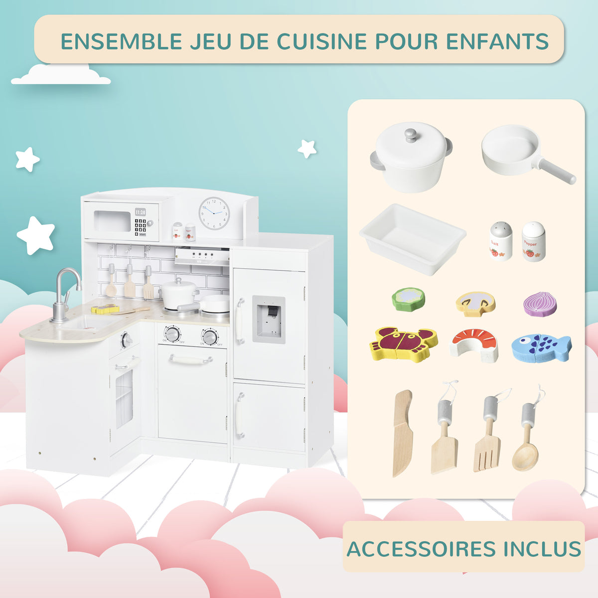 Cuisine Bois Jeu d'imitation - Cuisine Enfant 3+ Ans - Nombreux Accessoires & rangements Inclus - micro-ondes, hotte, évier avec robinet - MDF pin Blanc