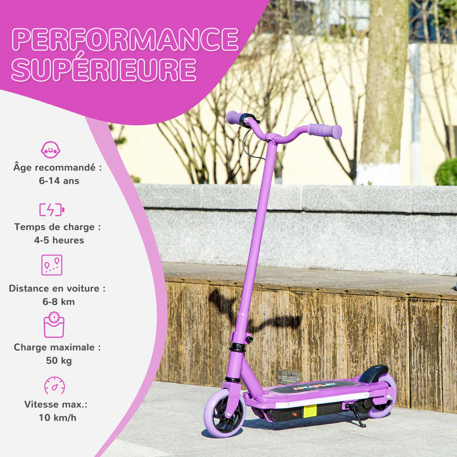 Trottinette électrique pour enfants 6-14 ans, vitesse maximale 10 km/h, lumières LED colorées, frein électrique, violet