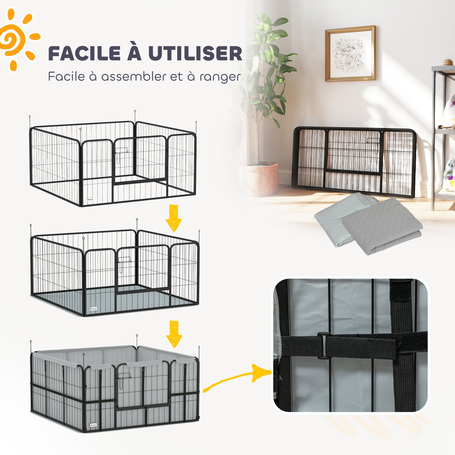 Parc de mise bas pour chien caisse de mise bas pour chiens avec porte tapis de propreté lavable 122 x 122 x 60 cm noir