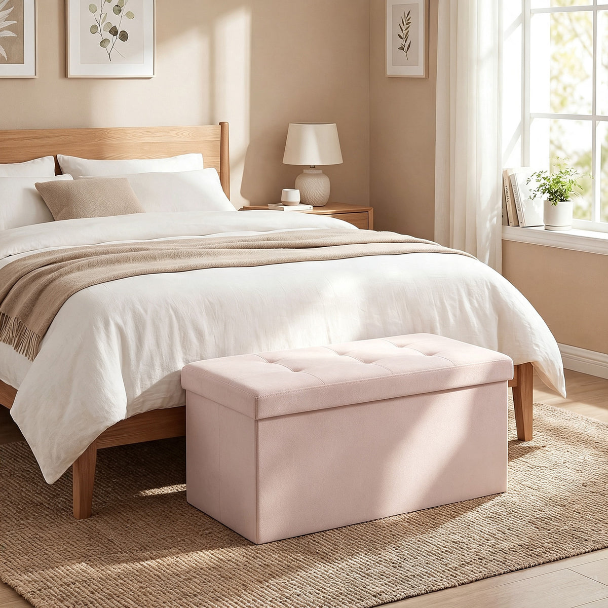 Banc de Rangement, Pouf de Rangement Pliable, Bout de Lit, Repose-Pieds avec Couvercle, 76L x 38l x 38H cm, Rose