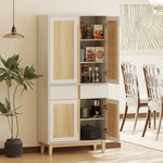 Buffet haut cuisine, armoire de cuisine avec 4 portes, 2 tiroirs et étagères réglables, 80x35x170cm, blanc et chêne