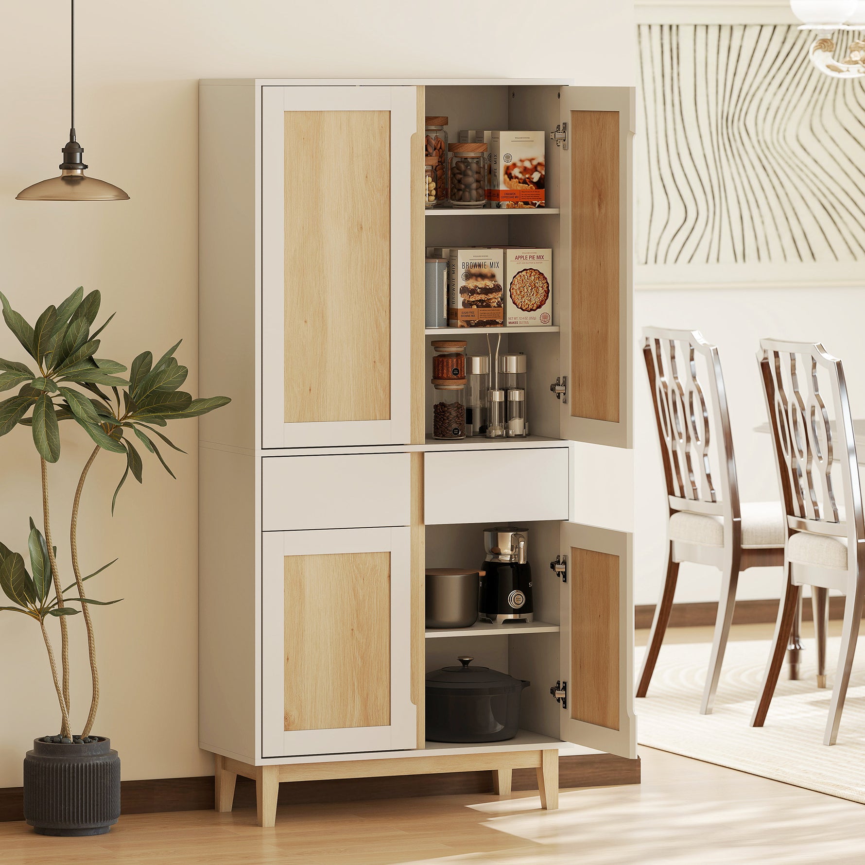 Buffet haut cuisine, armoire de cuisine avec 4 portes, 2 tiroirs et étagères réglables, 80x35x170cm, blanc et chêne
