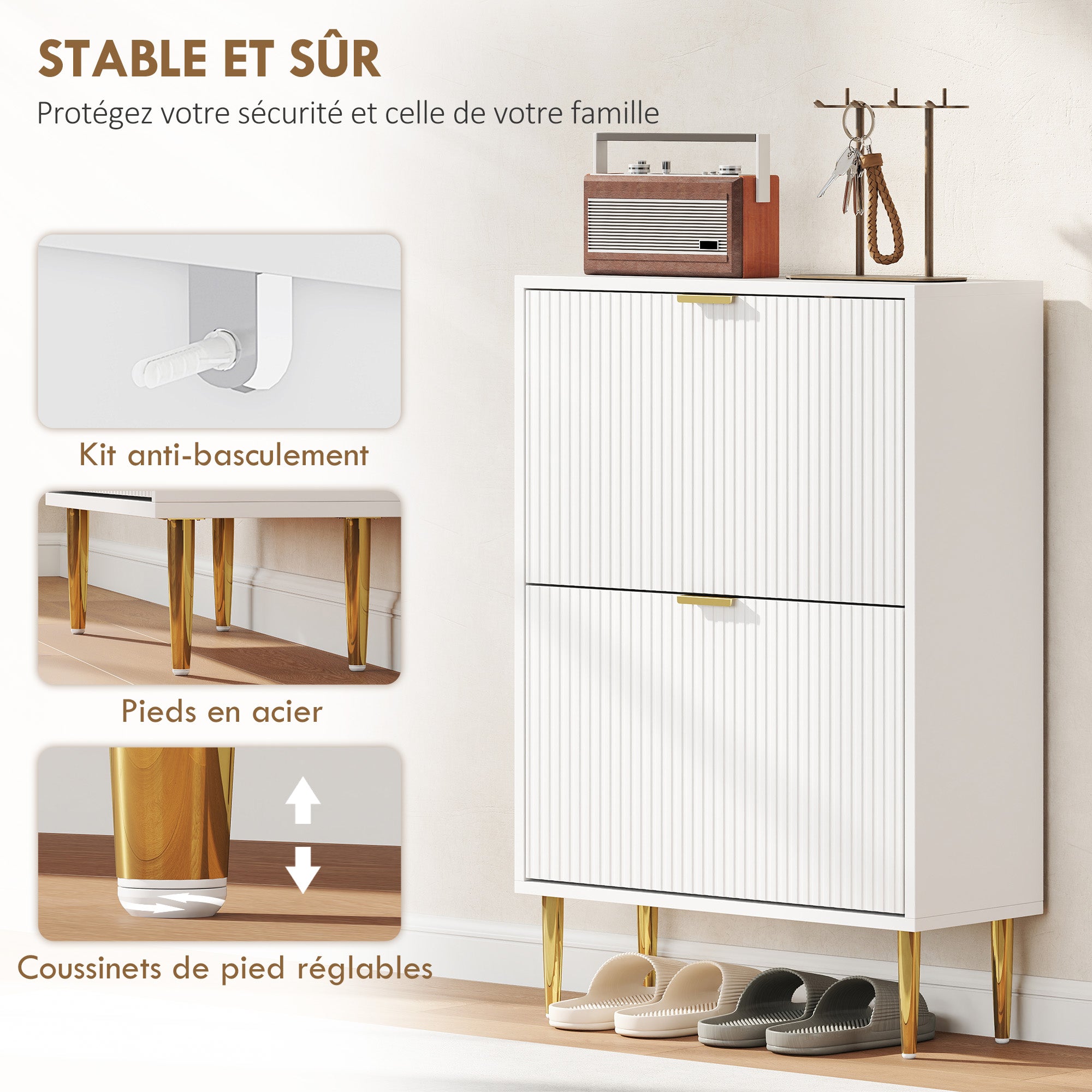 Meuble à chaussures 12 paires avec 2 tiroirs rabattables, portes cannelées et étagères réglables, 60x24x91,5cm, blanc