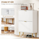 Meuble à chaussures 12 paires avec 2 tiroirs rabattables, portes cannelées et étagères réglables, 60x24x91,5cm, blanc