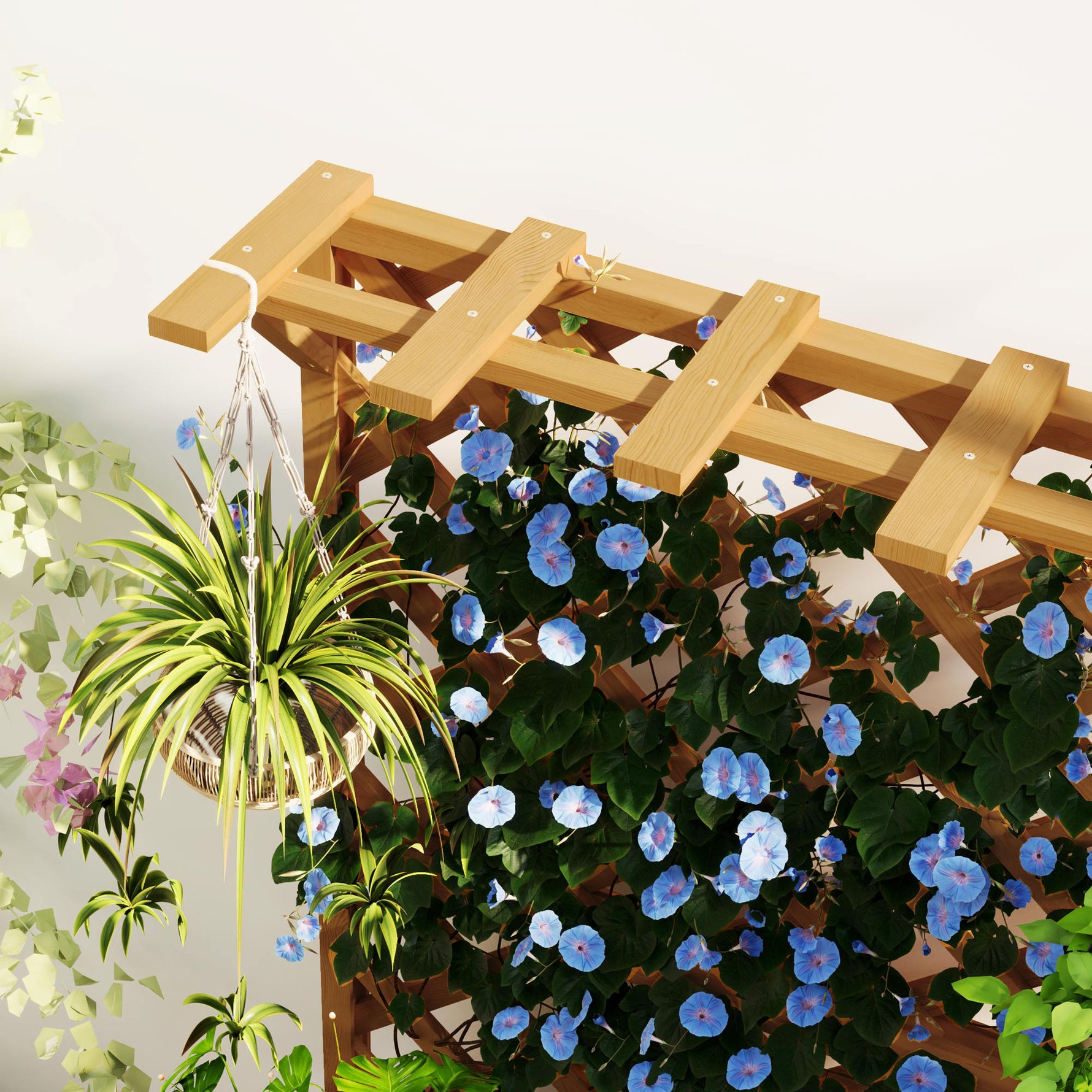 Jardinière avec treillis, bac à fleurs en bois massif avec trous de drainage et doublure, 64 x 33 x 122 cm, bois naturel