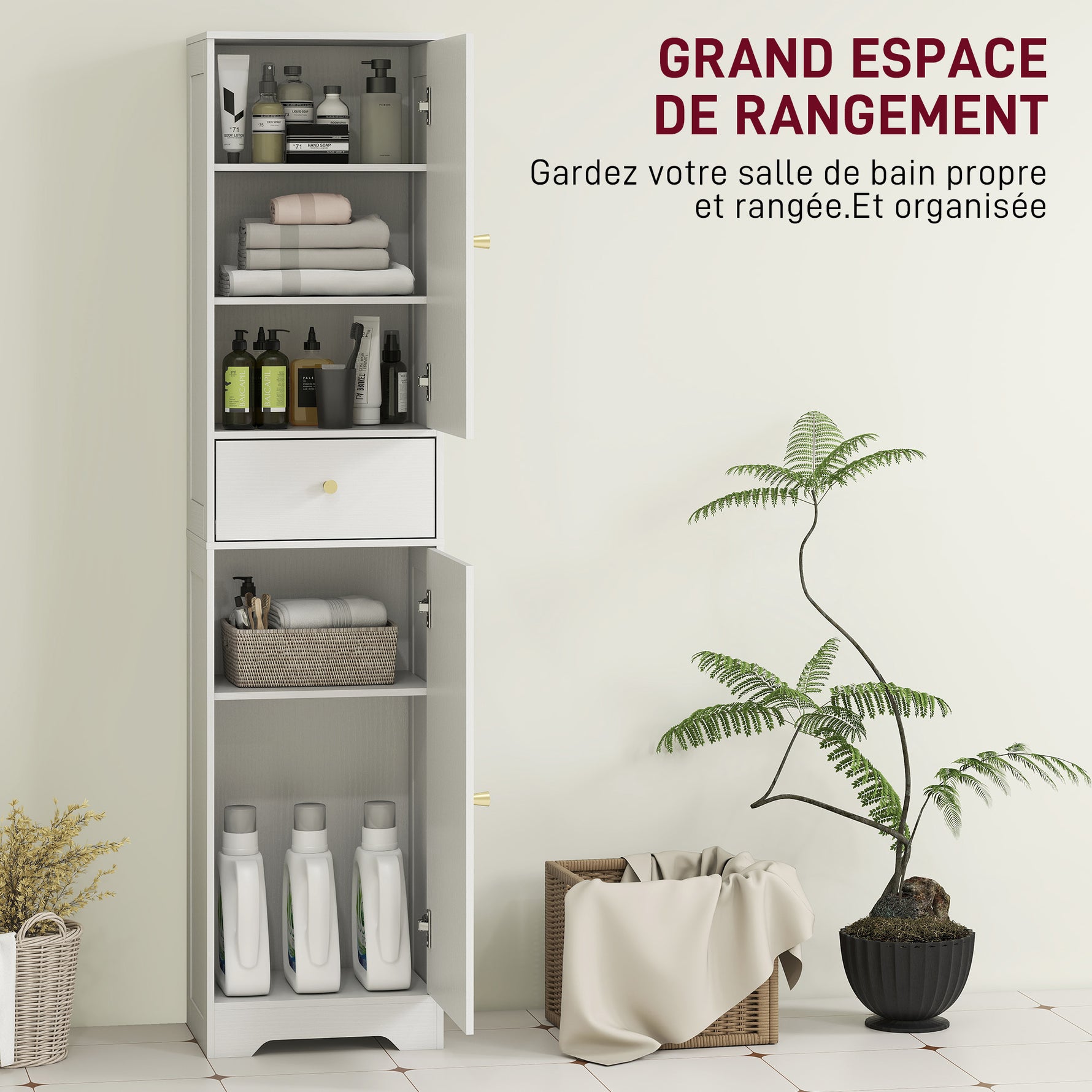 Armoire salle de bain haute meuble de rangement colonne avec placards tiroir et étagères réglables 40x29,5x170cm blanc