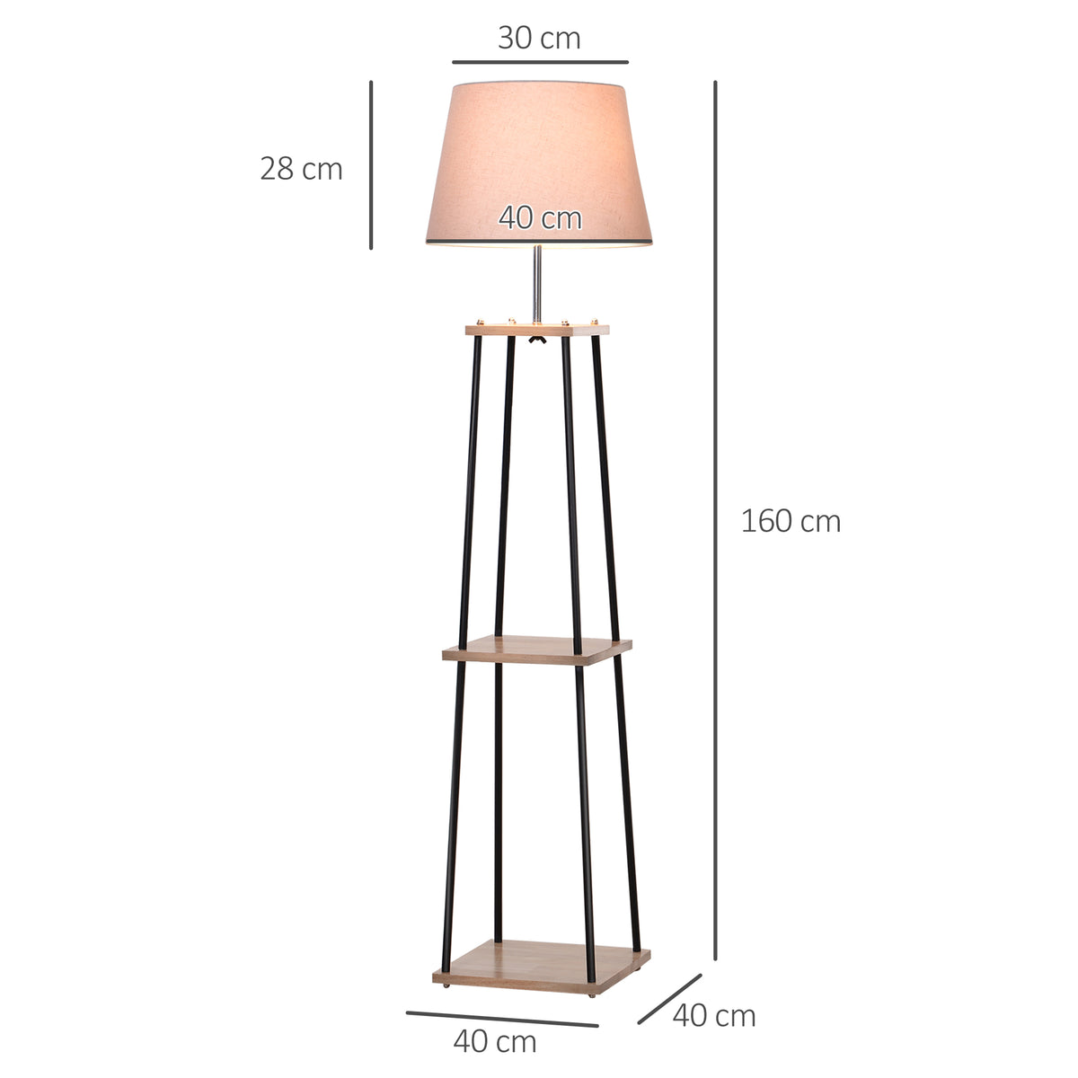 Lampadaire design contemporain dim. 40L x 40l x 160H cm 40 W max. 3 étagères intégrées bois massif pin métal noir lin beige